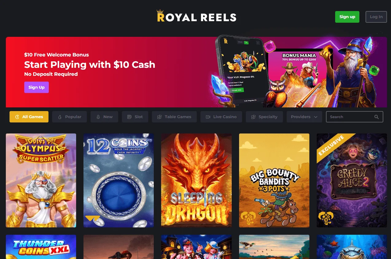 Royal Casino home view in a desktop browser